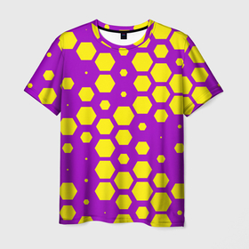 Мужская футболка 3D с принтом Желтые соты на фиолетовом фоне в Курске, 100% полиэфир | прямой крой, круглый вырез горловины, длина до линии бедер | 