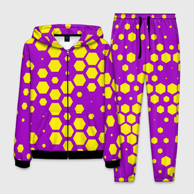 Мужской костюм 3D с принтом Желтые соты на фиолетовом фоне в Курске, 100% полиэстер | Манжеты и пояс оформлены тканевой резинкой, двухслойный капюшон со шнурком для регулировки, карманы спереди | 