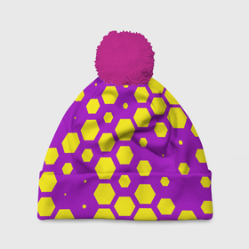Шапка 3D c помпоном с принтом Желтые соты на фиолетовом фоне в Курске, 100% полиэстер | универсальный размер, печать по всей поверхности изделия | 