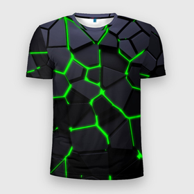 Мужская футболка 3D Slim с принтом Зеленые плиты киберпанк в Санкт-Петербурге, 100% полиэстер с улучшенными характеристиками | приталенный силуэт, круглая горловина, широкие плечи, сужается к линии бедра | 