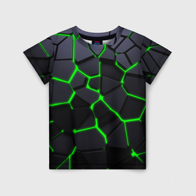 Детская футболка 3D с принтом Зеленые плиты киберпанк в Новосибирске, 100% гипоаллергенный полиэфир | прямой крой, круглый вырез горловины, длина до линии бедер, чуть спущенное плечо, ткань немного тянется | 