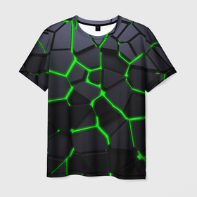 Мужская футболка 3D с принтом Зеленые плиты киберпанк в Новосибирске, 100% полиэфир | прямой крой, круглый вырез горловины, длина до линии бедер | 