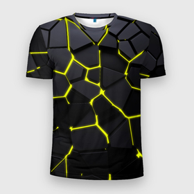 Мужская футболка 3D Slim с принтом Желтые плиты киберпанк , 100% полиэстер с улучшенными характеристиками | приталенный силуэт, круглая горловина, широкие плечи, сужается к линии бедра | 