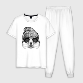 Мужская пижама хлопок с принтом Лиса хипстер , 100% хлопок | брюки и футболка прямого кроя, без карманов, на брюках мягкая резинка на поясе и по низу штанин
 | 