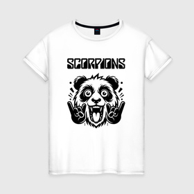 Женская футболка хлопок с принтом Scorpions   rock panda в Петрозаводске, 100% хлопок | прямой крой, круглый вырез горловины, длина до линии бедер, слегка спущенное плечо | 