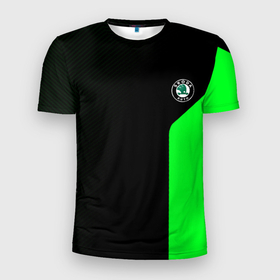 Мужская футболка 3D Slim с принтом Skoda pattern sport green в Екатеринбурге, 100% полиэстер с улучшенными характеристиками | приталенный силуэт, круглая горловина, широкие плечи, сужается к линии бедра | 