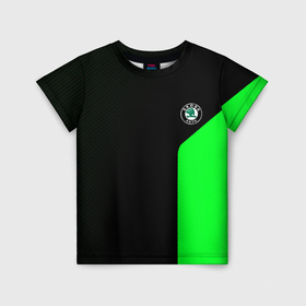 Детская футболка 3D с принтом Skoda pattern sport green в Санкт-Петербурге, 100% гипоаллергенный полиэфир | прямой крой, круглый вырез горловины, длина до линии бедер, чуть спущенное плечо, ткань немного тянется | 