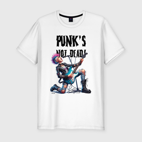 Мужская футболка хлопок Slim с принтом Punks not dead   slogan ai art в Екатеринбурге, 92% хлопок, 8% лайкра | приталенный силуэт, круглый вырез ворота, длина до линии бедра, короткий рукав | Тематика изображения на принте: 