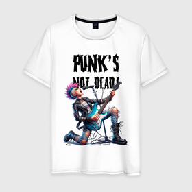 Мужская футболка хлопок с принтом Punks not dead   slogan ai art в Екатеринбурге, 100% хлопок | прямой крой, круглый вырез горловины, длина до линии бедер, слегка спущенное плечо. | Тематика изображения на принте: 