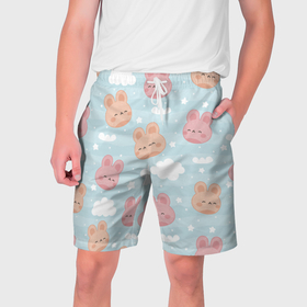 Мужские шорты 3D с принтом Узор с милыми кроликами в Екатеринбурге,  полиэстер 100% | прямой крой, два кармана без застежек по бокам. Мягкая трикотажная резинка на поясе, внутри которой широкие завязки. Длина чуть выше колен | 