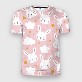 Мужская футболка 3D Slim с принтом Узор с милыми кроликами в Екатеринбурге, 100% полиэстер с улучшенными характеристиками | приталенный силуэт, круглая горловина, широкие плечи, сужается к линии бедра | 