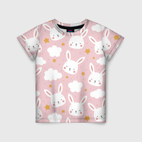 Детская футболка 3D с принтом Узор с милыми кроликами в Белгороде, 100% гипоаллергенный полиэфир | прямой крой, круглый вырез горловины, длина до линии бедер, чуть спущенное плечо, ткань немного тянется | 