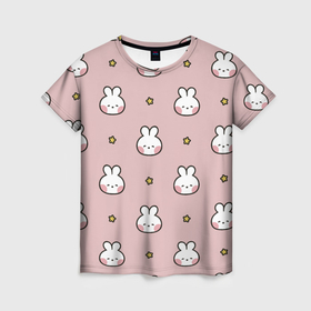 Женская футболка 3D с принтом Узор с малышами кроликами в Санкт-Петербурге, 100% полиэфир ( синтетическое хлопкоподобное полотно) | прямой крой, круглый вырез горловины, длина до линии бедер | 