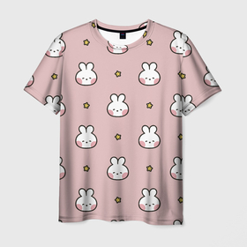 Мужская футболка 3D с принтом Узор с малышами кроликами , 100% полиэфир | прямой крой, круглый вырез горловины, длина до линии бедер | Тематика изображения на принте: 