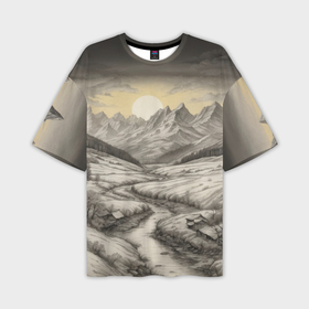 Мужская футболка oversize 3D с принтом Иллюстрация заката в горах в Курске,  |  | Тематика изображения на принте: 