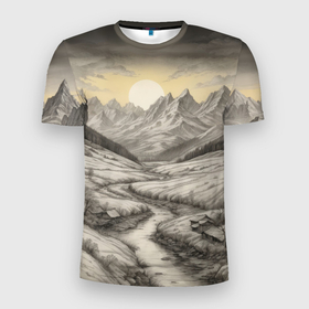 Мужская футболка 3D Slim с принтом Иллюстрация заката в горах в Курске, 100% полиэстер с улучшенными характеристиками | приталенный силуэт, круглая горловина, широкие плечи, сужается к линии бедра | Тематика изображения на принте: 