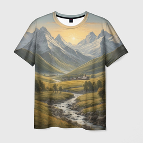Мужская футболка 3D с принтом Прекрасная горная долина в Санкт-Петербурге, 100% полиэфир | прямой крой, круглый вырез горловины, длина до линии бедер | Тематика изображения на принте: 