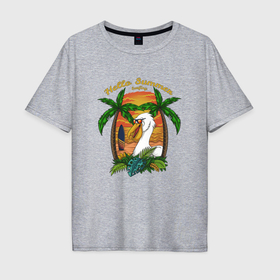 Мужская футболка хлопок Oversize с принтом Пеликан на пляже в Кировске, 100% хлопок | свободный крой, круглый ворот, “спинка” длиннее передней части | 