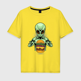 Мужская футболка хлопок Oversize с принтом Инопланетянин и гамбургер , 100% хлопок | свободный крой, круглый ворот, “спинка” длиннее передней части | 