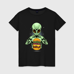 Женская футболка хлопок с принтом Инопланетянин и гамбургер в Екатеринбурге, 100% хлопок | прямой крой, круглый вырез горловины, длина до линии бедер, слегка спущенное плечо | 