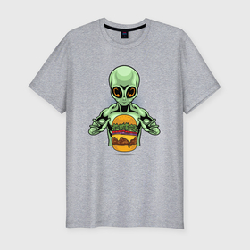 Мужская футболка хлопок Slim с принтом Инопланетянин и гамбургер в Петрозаводске, 92% хлопок, 8% лайкра | приталенный силуэт, круглый вырез ворота, длина до линии бедра, короткий рукав | 