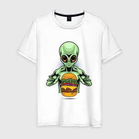Мужская футболка хлопок с принтом Инопланетянин и гамбургер в Екатеринбурге, 100% хлопок | прямой крой, круглый вырез горловины, длина до линии бедер, слегка спущенное плечо. | 
