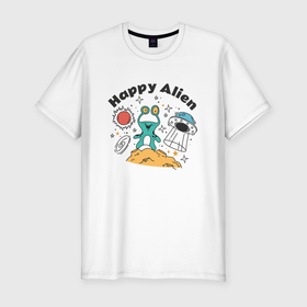 Мужская футболка хлопок Slim с принтом Happy alien в Екатеринбурге, 92% хлопок, 8% лайкра | приталенный силуэт, круглый вырез ворота, длина до линии бедра, короткий рукав | Тематика изображения на принте: 