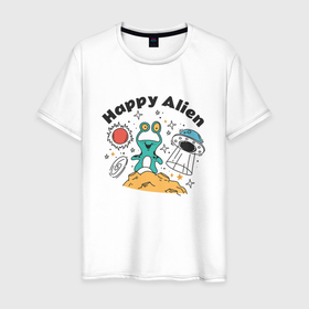 Мужская футболка хлопок с принтом Happy alien в Екатеринбурге, 100% хлопок | прямой крой, круглый вырез горловины, длина до линии бедер, слегка спущенное плечо. | Тематика изображения на принте: 