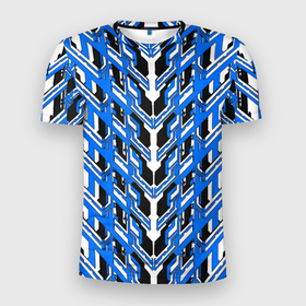 Мужская футболка 3D Slim с принтом Синяя техно броня в Екатеринбурге, 100% полиэстер с улучшенными характеристиками | приталенный силуэт, круглая горловина, широкие плечи, сужается к линии бедра | 