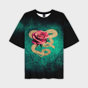 Мужская футболка oversize 3D с принтом Золотая змея и розовая роза в Курске,  |  | 