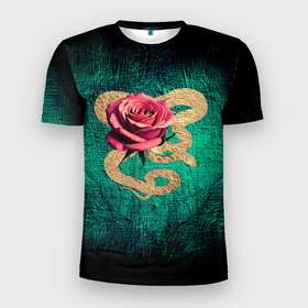 Мужская футболка 3D Slim с принтом Золотая змея и розовая роза в Белгороде, 100% полиэстер с улучшенными характеристиками | приталенный силуэт, круглая горловина, широкие плечи, сужается к линии бедра | Тематика изображения на принте: 