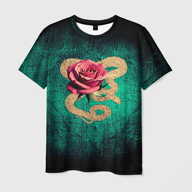 Мужская футболка 3D с принтом Золотая змея и розовая роза , 100% полиэфир | прямой крой, круглый вырез горловины, длина до линии бедер | 