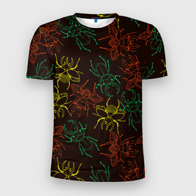 Мужская футболка 3D Slim с принтом Разноцветные жуки носороги в Петрозаводске, 100% полиэстер с улучшенными характеристиками | приталенный силуэт, круглая горловина, широкие плечи, сужается к линии бедра | Тематика изображения на принте: 