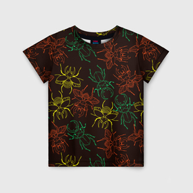 Детская футболка 3D с принтом Разноцветные жуки носороги в Белгороде, 100% гипоаллергенный полиэфир | прямой крой, круглый вырез горловины, длина до линии бедер, чуть спущенное плечо, ткань немного тянется | Тематика изображения на принте: 