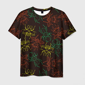 Мужская футболка 3D с принтом Разноцветные жуки носороги в Курске, 100% полиэфир | прямой крой, круглый вырез горловины, длина до линии бедер | Тематика изображения на принте: 