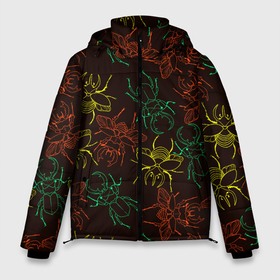 Мужская зимняя куртка 3D с принтом Разноцветные жуки носороги в Курске, верх — 100% полиэстер; подкладка — 100% полиэстер; утеплитель — 100% полиэстер | длина ниже бедра, свободный силуэт Оверсайз. Есть воротник-стойка, отстегивающийся капюшон и ветрозащитная планка. 

Боковые карманы с листочкой на кнопках и внутренний карман на молнии. | Тематика изображения на принте: 