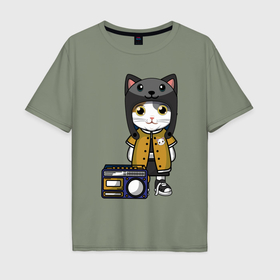 Мужская футболка хлопок Oversize с принтом Милый кот с бумбоксом в Петрозаводске, 100% хлопок | свободный крой, круглый ворот, “спинка” длиннее передней части | 