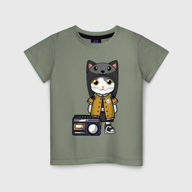 Детская футболка хлопок с принтом Милый кот с бумбоксом в Петрозаводске, 100% хлопок | круглый вырез горловины, полуприлегающий силуэт, длина до линии бедер | 