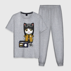 Мужская пижама хлопок с принтом Милый кот с бумбоксом , 100% хлопок | брюки и футболка прямого кроя, без карманов, на брюках мягкая резинка на поясе и по низу штанин
 | 