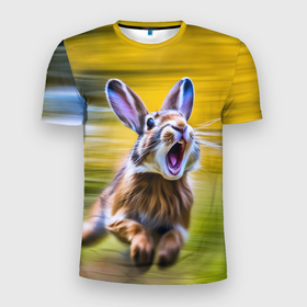 Мужская футболка 3D Slim с принтом Крик бегущего зайца в Курске, 100% полиэстер с улучшенными характеристиками | приталенный силуэт, круглая горловина, широкие плечи, сужается к линии бедра | 
