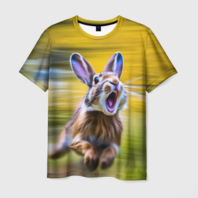 Мужская футболка 3D с принтом Крик бегущего зайца в Курске, 100% полиэфир | прямой крой, круглый вырез горловины, длина до линии бедер | 