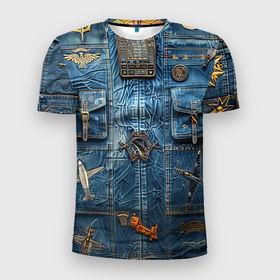 Мужская футболка 3D Slim с принтом Джинсы лётчика авиатора в Петрозаводске, 100% полиэстер с улучшенными характеристиками | приталенный силуэт, круглая горловина, широкие плечи, сужается к линии бедра | Тематика изображения на принте: 