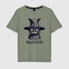 Мужская футболка хлопок Oversize с принтом Розыск кот в шляпе в Санкт-Петербурге, 100% хлопок | свободный крой, круглый ворот, “спинка” длиннее передней части | 