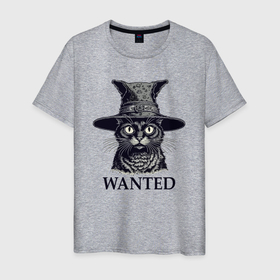 Мужская футболка хлопок с принтом Розыск кот в шляпе в Кировске, 100% хлопок | прямой крой, круглый вырез горловины, длина до линии бедер, слегка спущенное плечо. | 