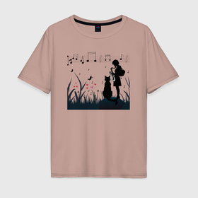 Мужская футболка хлопок Oversize с принтом Девушка и кот или музыка для души , 100% хлопок | свободный крой, круглый ворот, “спинка” длиннее передней части | 