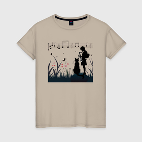 Женская футболка хлопок с принтом Девушка и кот или музыка для души , 100% хлопок | прямой крой, круглый вырез горловины, длина до линии бедер, слегка спущенное плечо | 