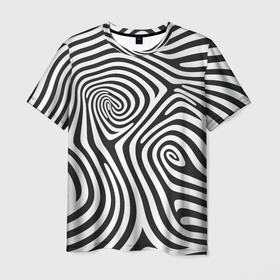 Мужская футболка 3D с принтом Черно белый водоворот   зебра исллюзия шкуры в Петрозаводске, 100% полиэфир | прямой крой, круглый вырез горловины, длина до линии бедер | 