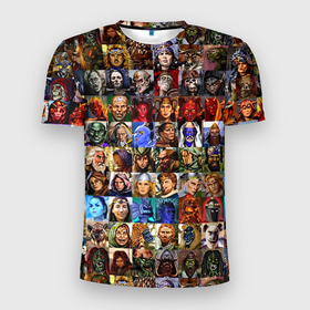 Мужская футболка 3D Slim с принтом Портреты всех героев Heroes of Might and Magic в Екатеринбурге, 100% полиэстер с улучшенными характеристиками | приталенный силуэт, круглая горловина, широкие плечи, сужается к линии бедра | 