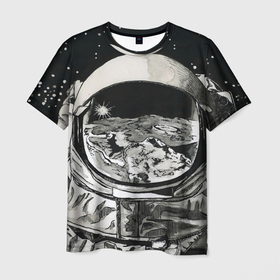 Мужская футболка 3D с принтом Космонавт в черно белом мире в Курске, 100% полиэфир | прямой крой, круглый вырез горловины, длина до линии бедер | Тематика изображения на принте: 