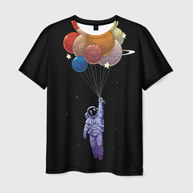 Мужская футболка 3D с принтом Космонавт с воздушными шарами в Белгороде, 100% полиэфир | прямой крой, круглый вырез горловины, длина до линии бедер | 